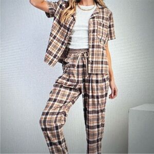 Easel Plaid Pajama Set - Brown & Cream NWT